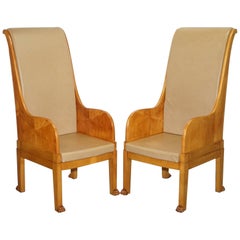 Pair of Huge Vintage Leather Solid Walnut Throne Armchairs Lion Hairy Paw Feet