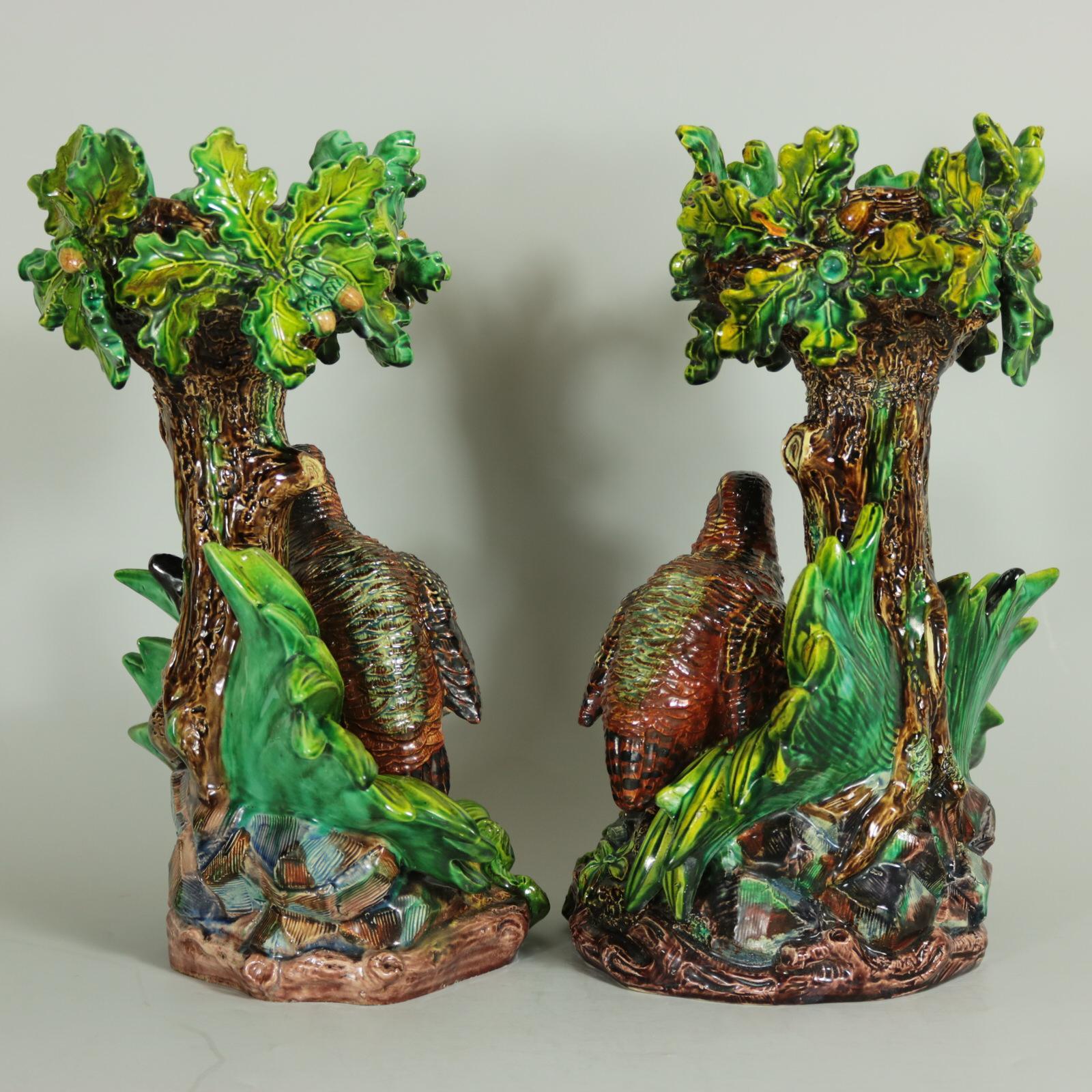 Pair of Hugo Lonitz Majolica Partridge Cache Pot Stands In Good Condition In Chelmsford, Essex