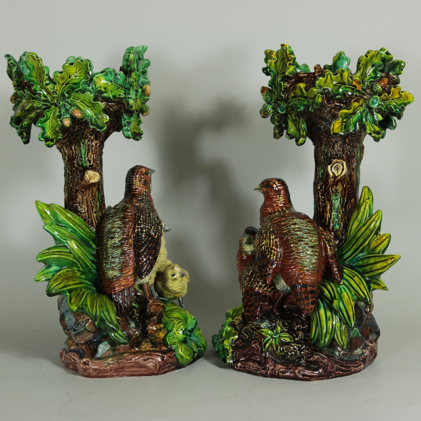 18th Century and Earlier Pair of Hugo Lonitz Majolica Partridge Cache Pot Stands