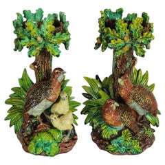 Pair of Hugo Lonitz Majolica Partridge Cache Pot Stands