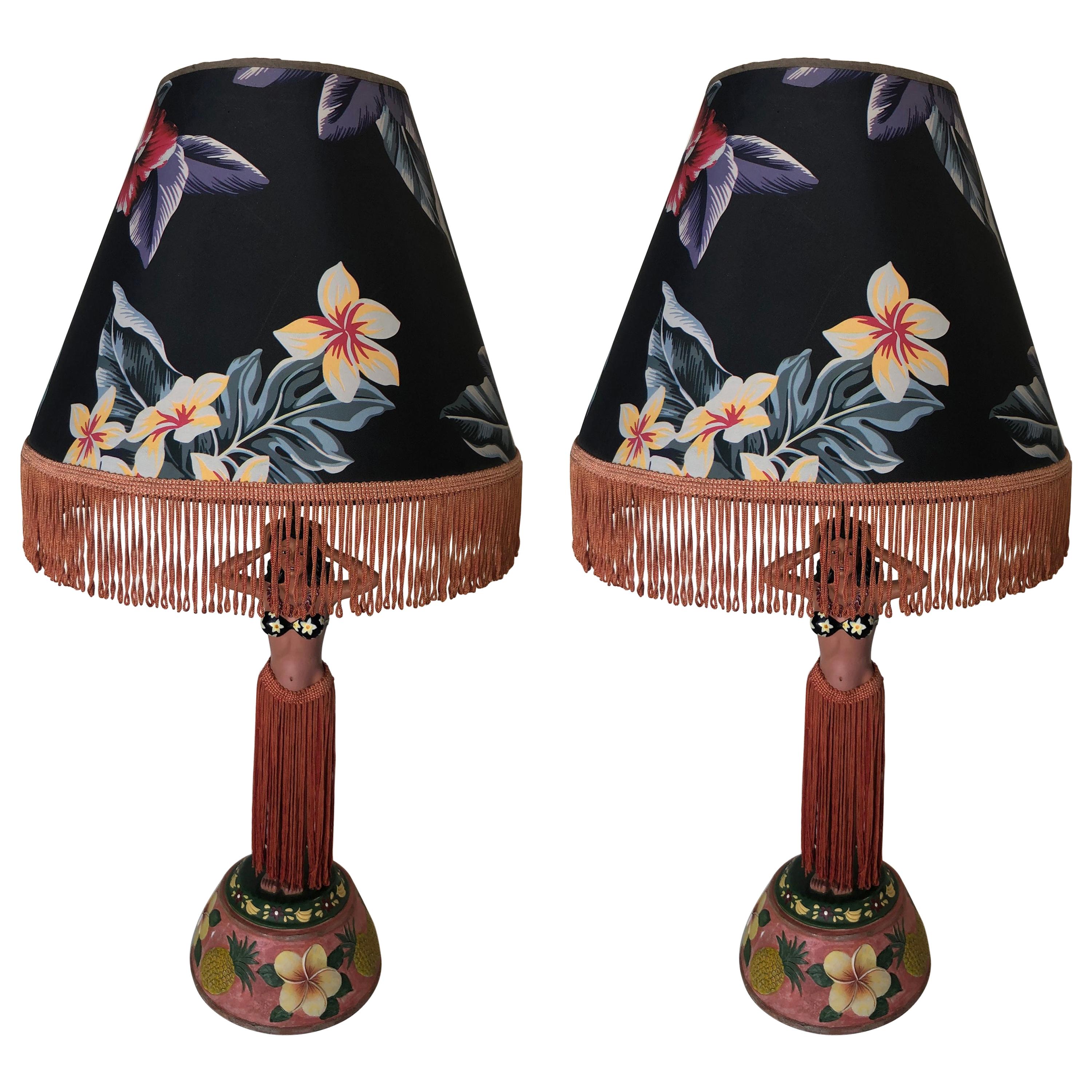 Pair of Hula Girl Resin Table Lamp with Floral Fringe Lamp Shades