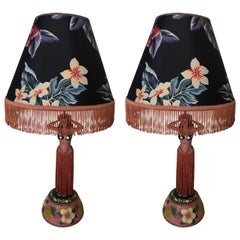 Vintage Pair of Hula Girl Resin Table Lamp with Floral Fringe Lamp Shades