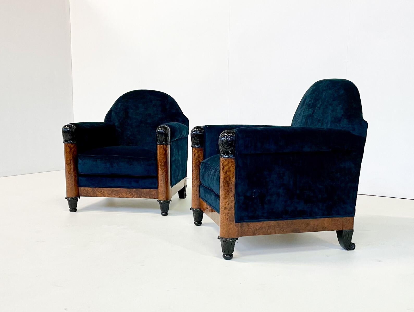 Pair of hungarian armchairs, blue velvet, 1920s.