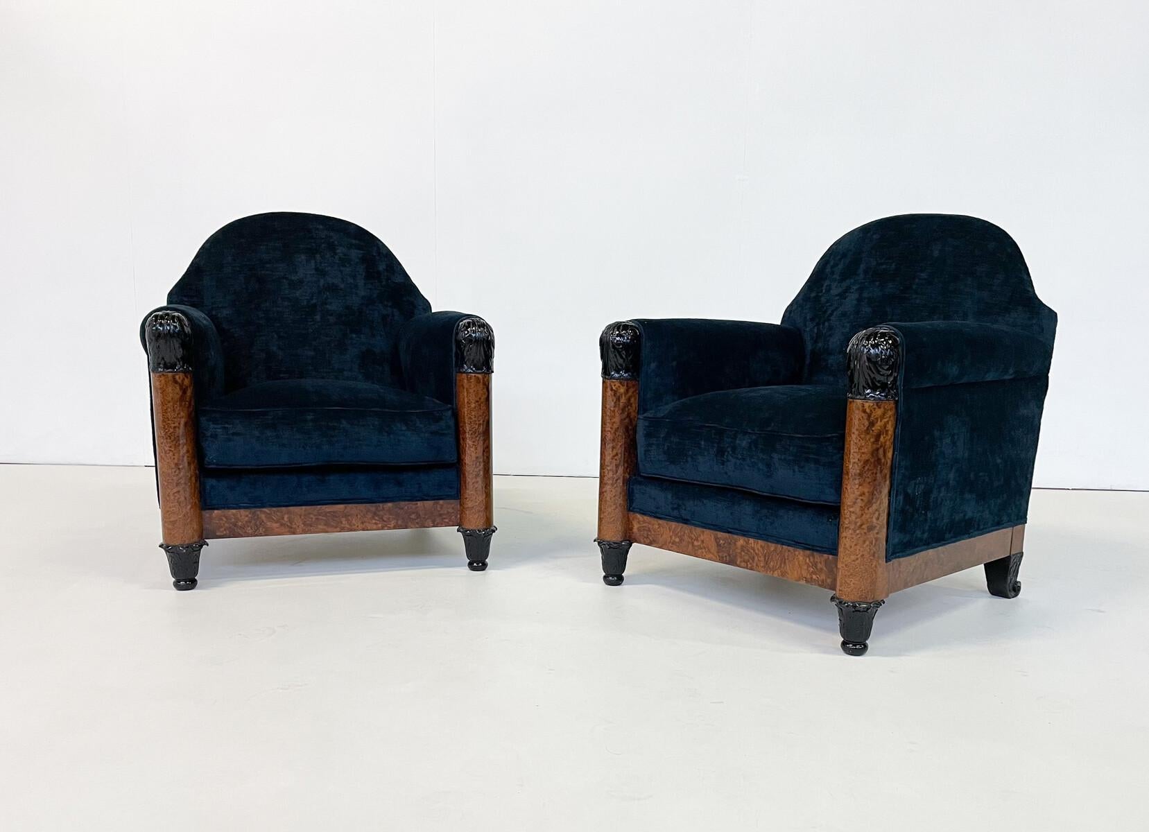Early 20th Century Pair of Hungarian Armchairs, Blue Velvet, 1920s