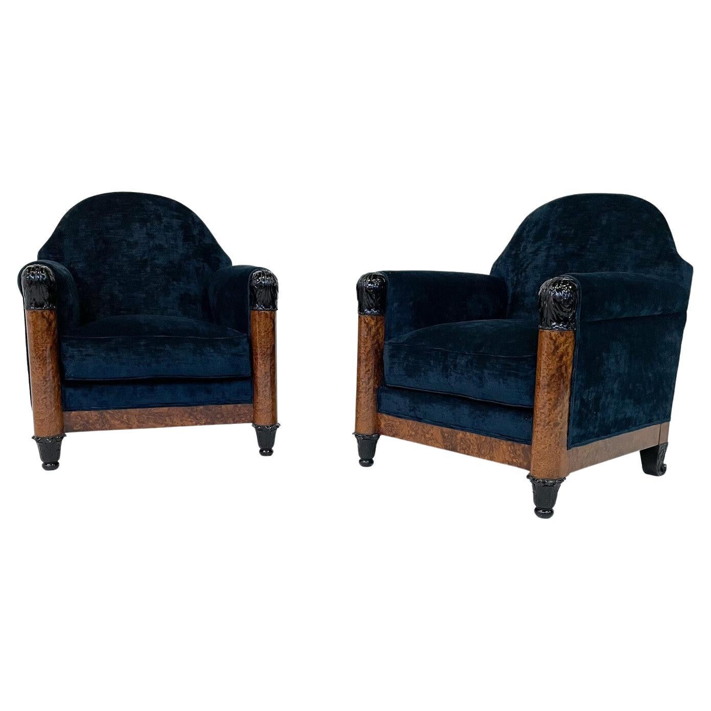 Ein Paar ungarische Sessel, blauer Samt, 1920er Jahre