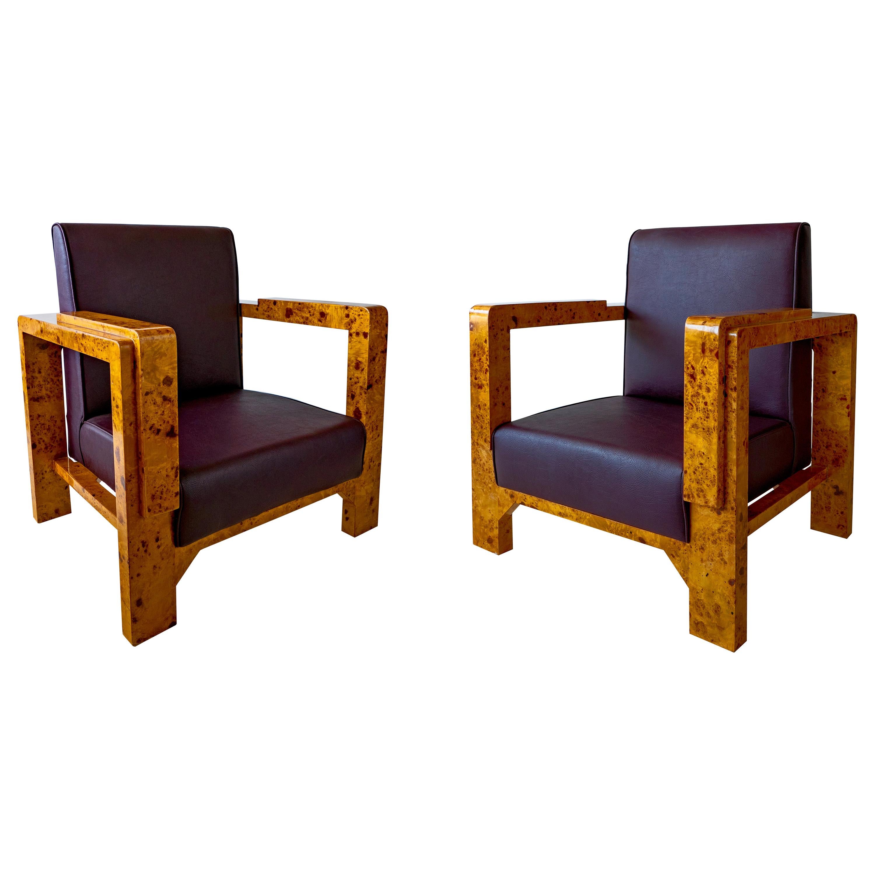 Pair of Hungarian Late Art Deco Burled Walnut and Rootwood Armchairs