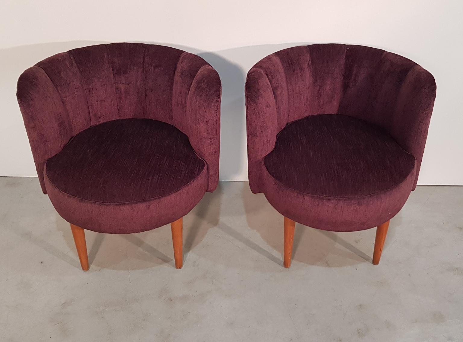 Pair of small upholstered armchairs with polished beech-wood legs, Hungary, 1960s. There are 10 pieces in stock from a bistro, other 8 are without restore. (price for restored ones).