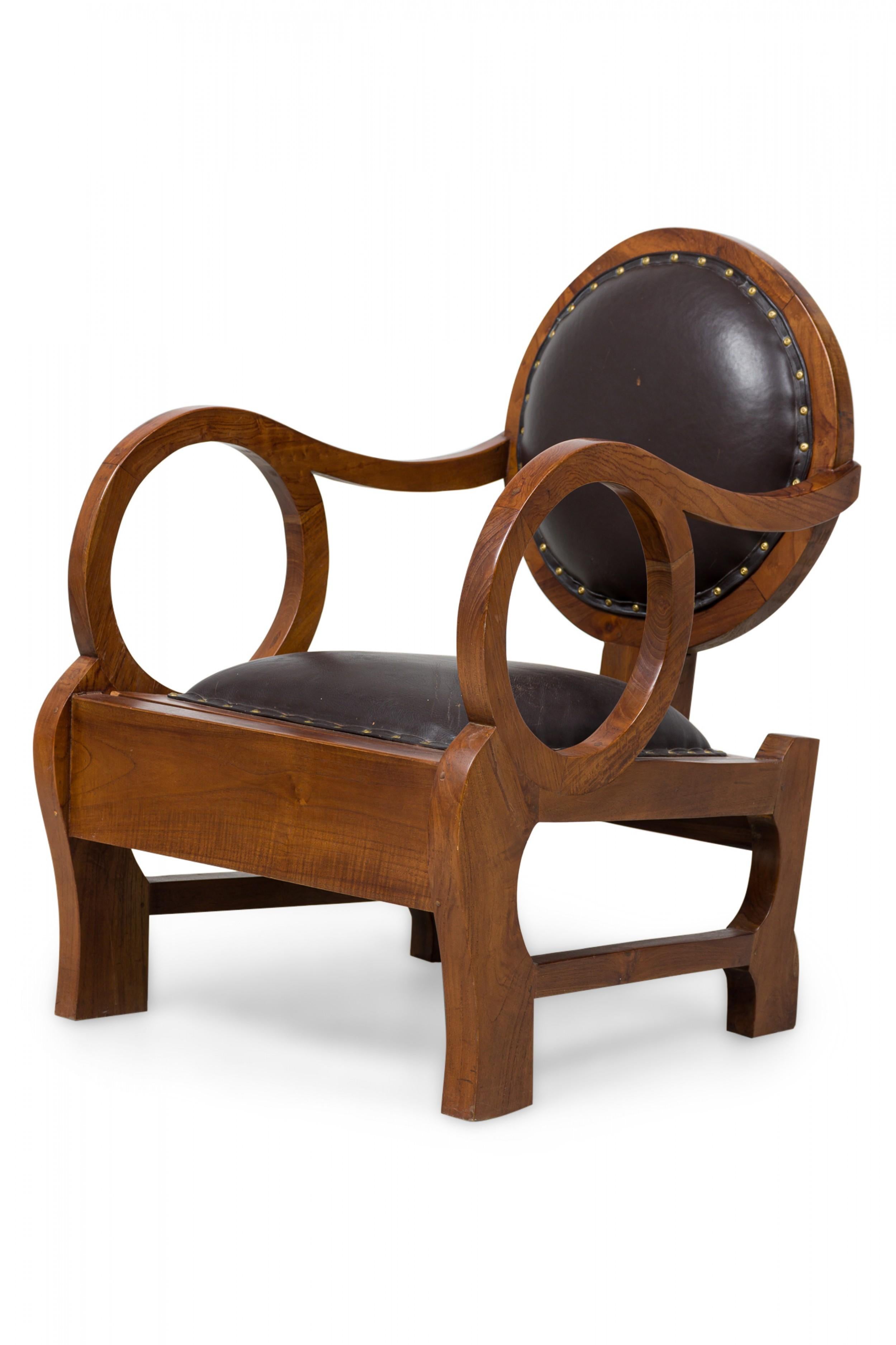 Biedermeier Pair of Hungarian Walnut & Distressed Leather Art Deco Club Chairs, Lajos Kozma For Sale