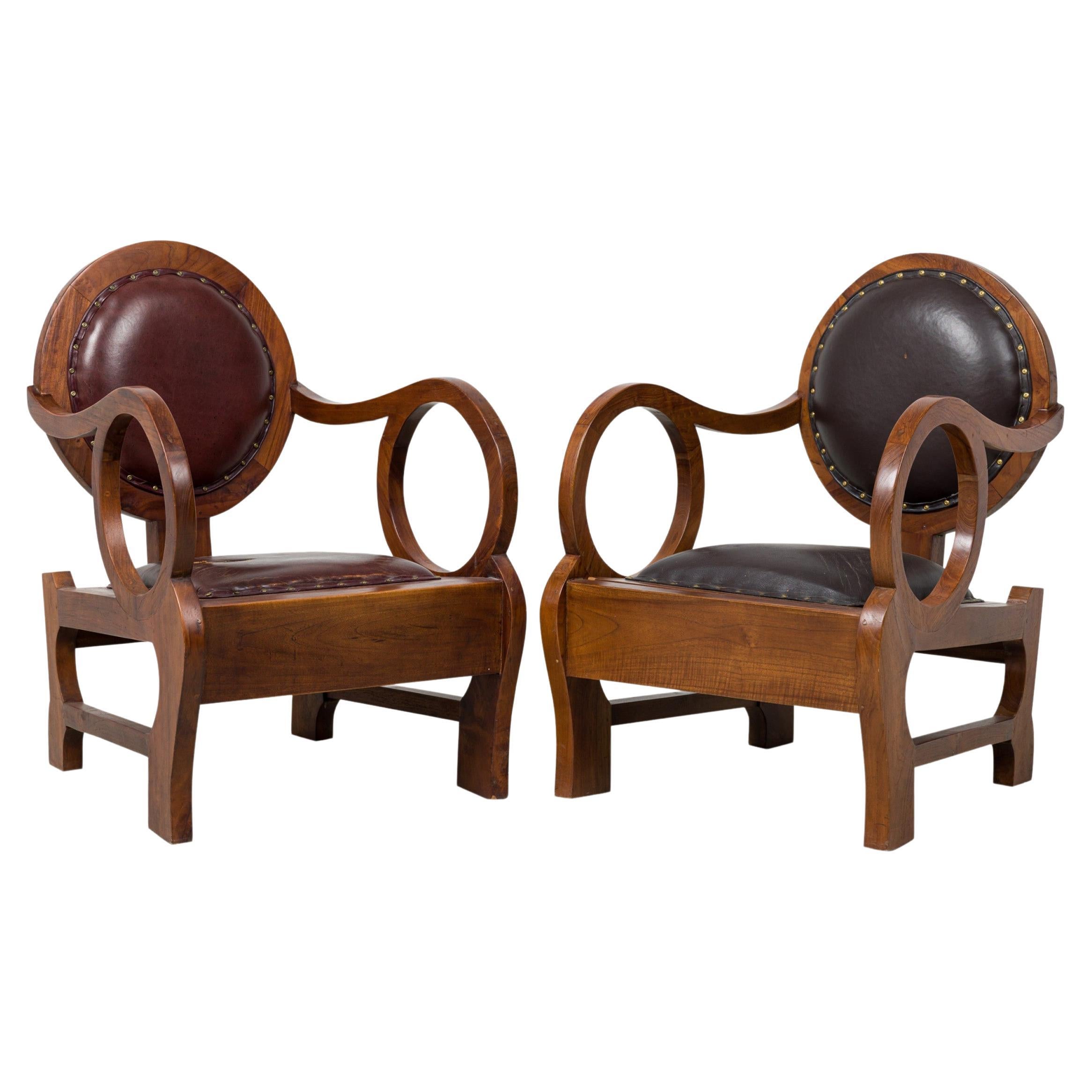 Pair of Hungarian Walnut & Distressed Leather Art Deco Club Chairs, Lajos Kozma