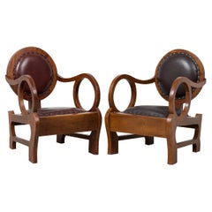 Pair of Hungarian Walnut & Distressed Leather Art Deco Club Chairs, Lajos Kozma