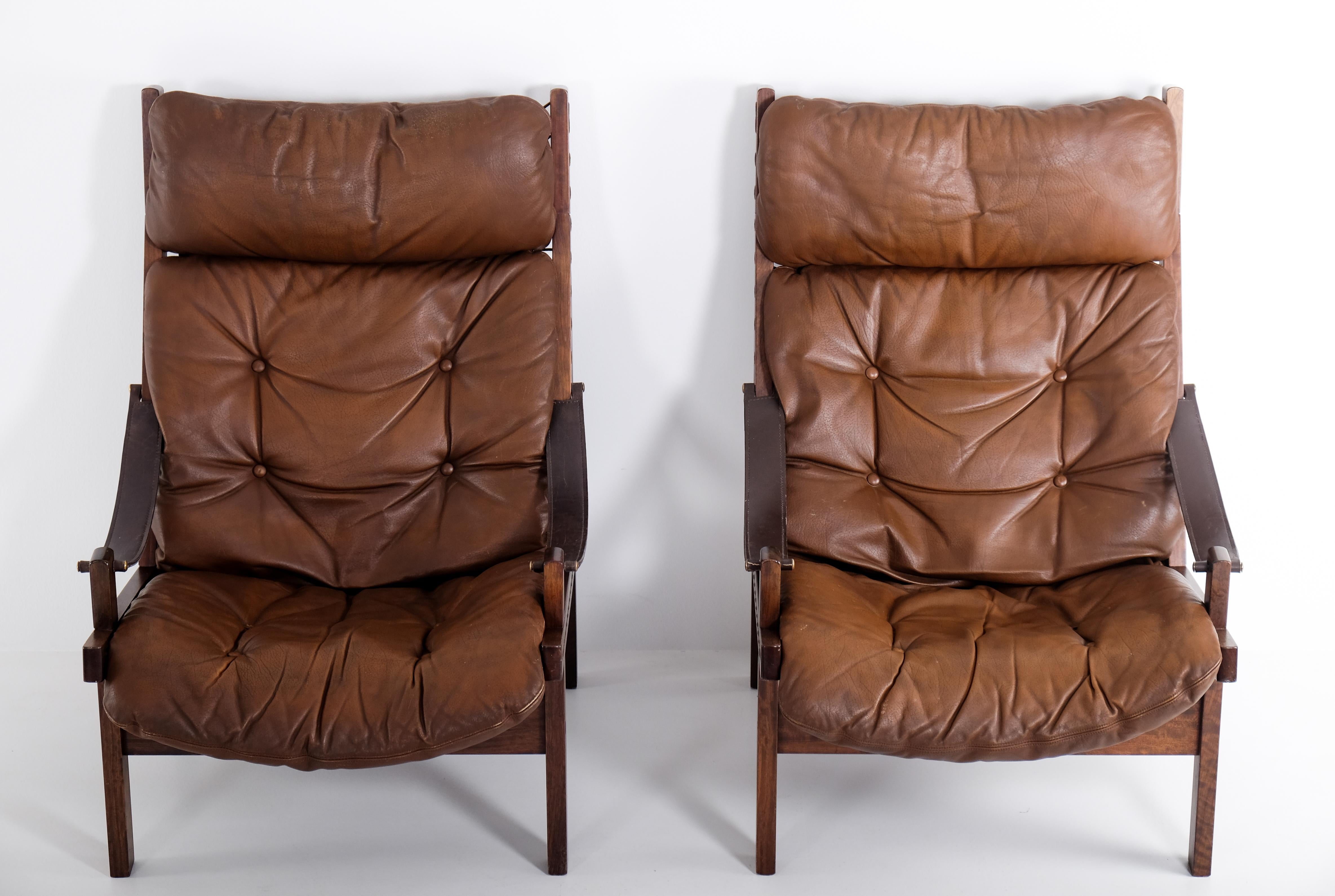 Cuir Paire de fauteuils Hunter Easy Chairs par Torbjørn Afdal, 1970 en vente