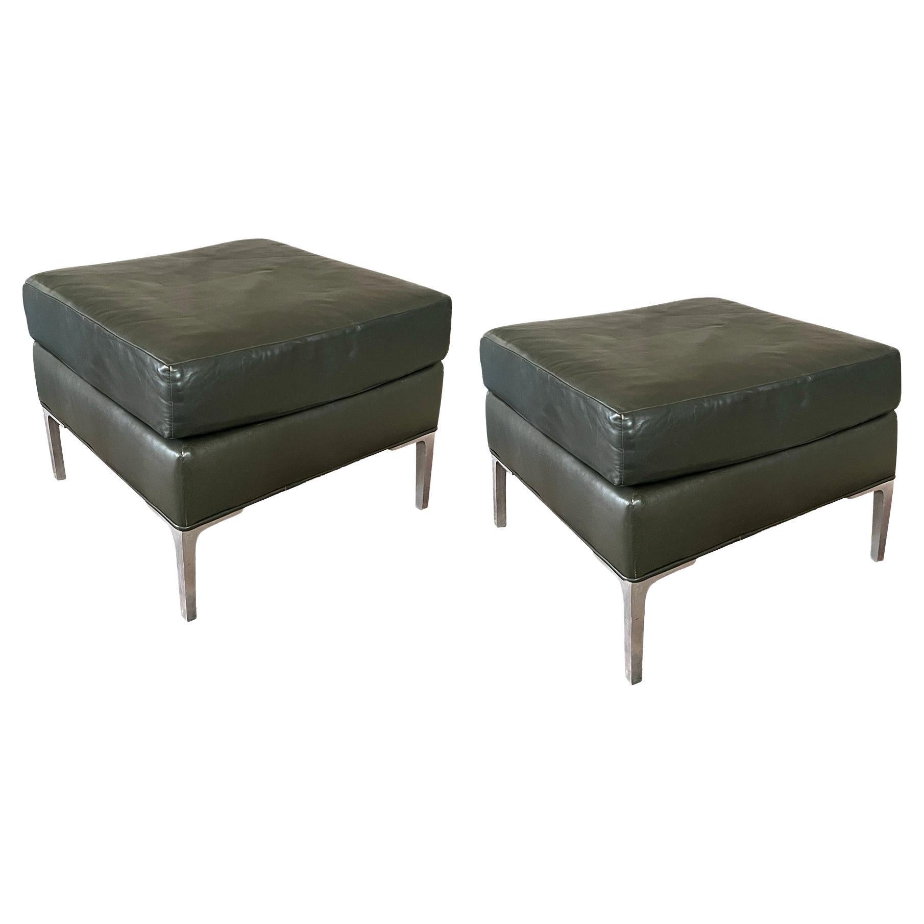Pair of Hunter Green Square Faux Leather Stools/Benches with Brushed Steel Legs For Sale