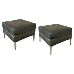 Pair of Hunter Green Square Faux Leather Stools/Benches with Brushed Steel Legs