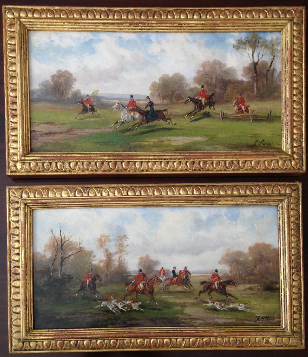 Robert Stone, English artist, (1820-1870)

A pair of hunting scenes, oils on board, signed lower right.

A charming pair of hunting scene in decorative period frames. 

Measures: Paintings 12.4