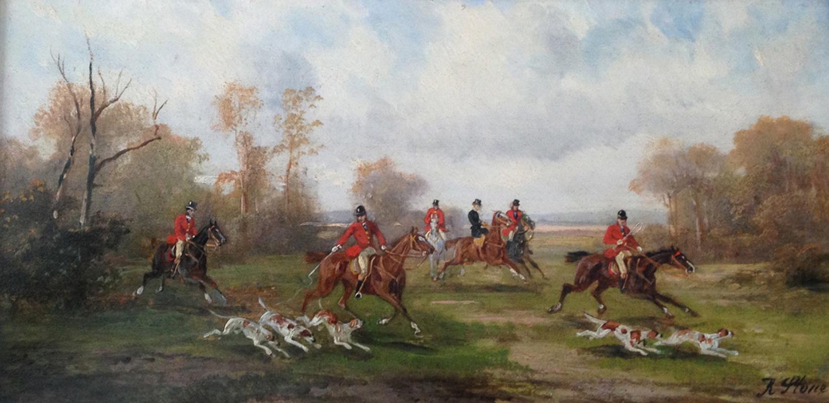 British Pair of Hunting Scenes Oil on Board by Robert Stone, circa 1850
