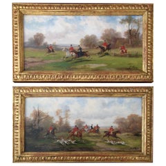 Pair of Hunting Scenes Oil on Board by Robert Stone, circa 1850