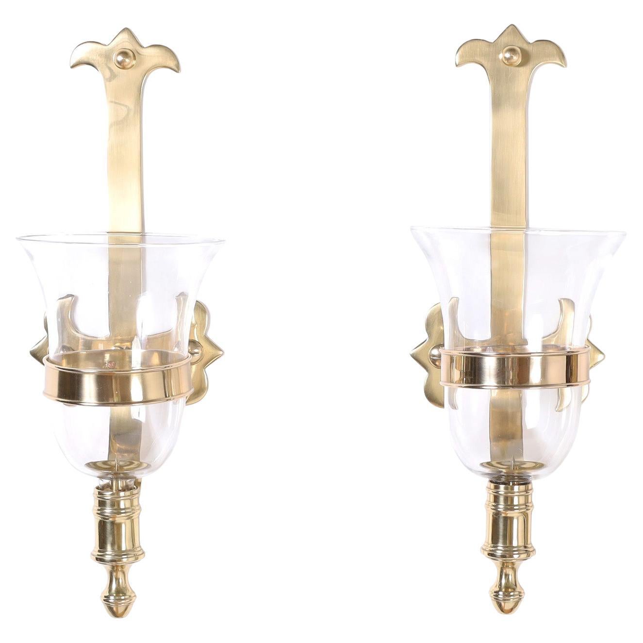 Pair of Hurricane Brass and Glass Wall Sconces