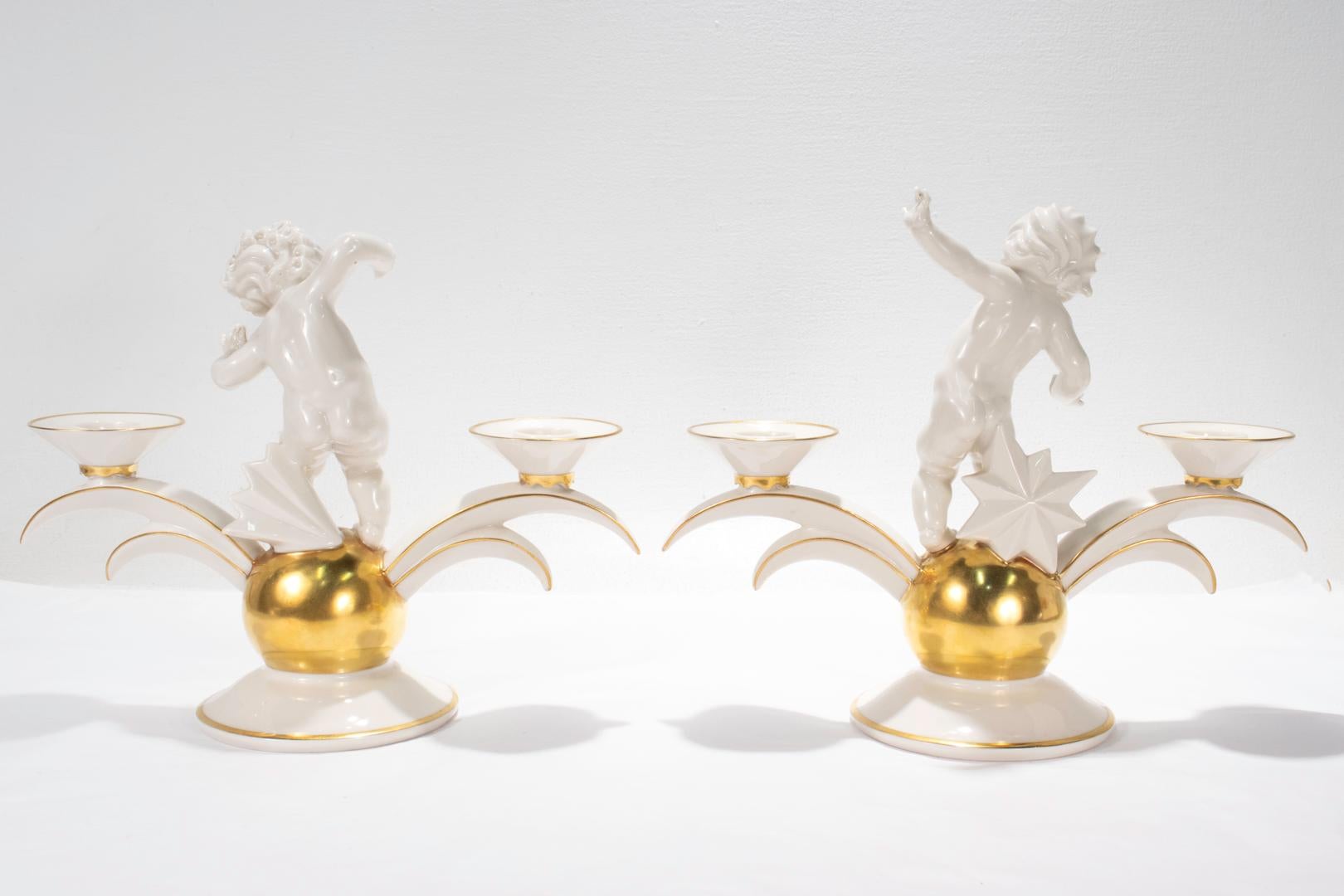 Doré Paire de candélabres en porcelaine Art Déco Hutschenreuther de K. Tutter avec Putti en vente