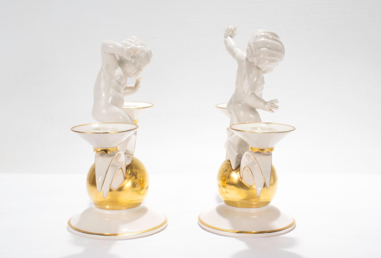 German Pair of Hutschenreuther Art Deco Porcelain Candelabra by K. Tutter with Putti For Sale