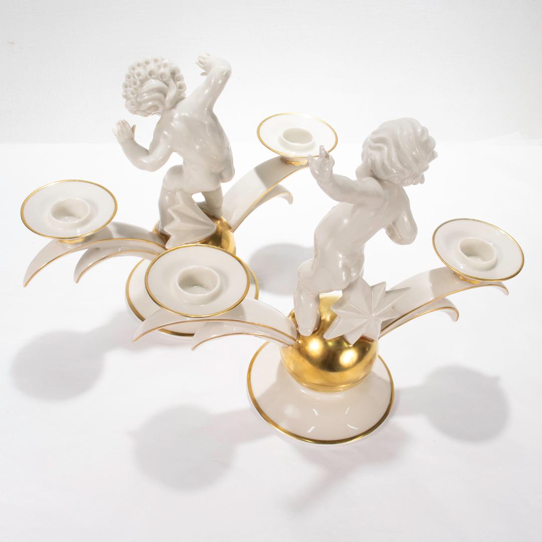 Pair of Hutschenreuther Art Deco Porcelain Candelabra by K. Tutter with Putti In Good Condition For Sale In Philadelphia, PA