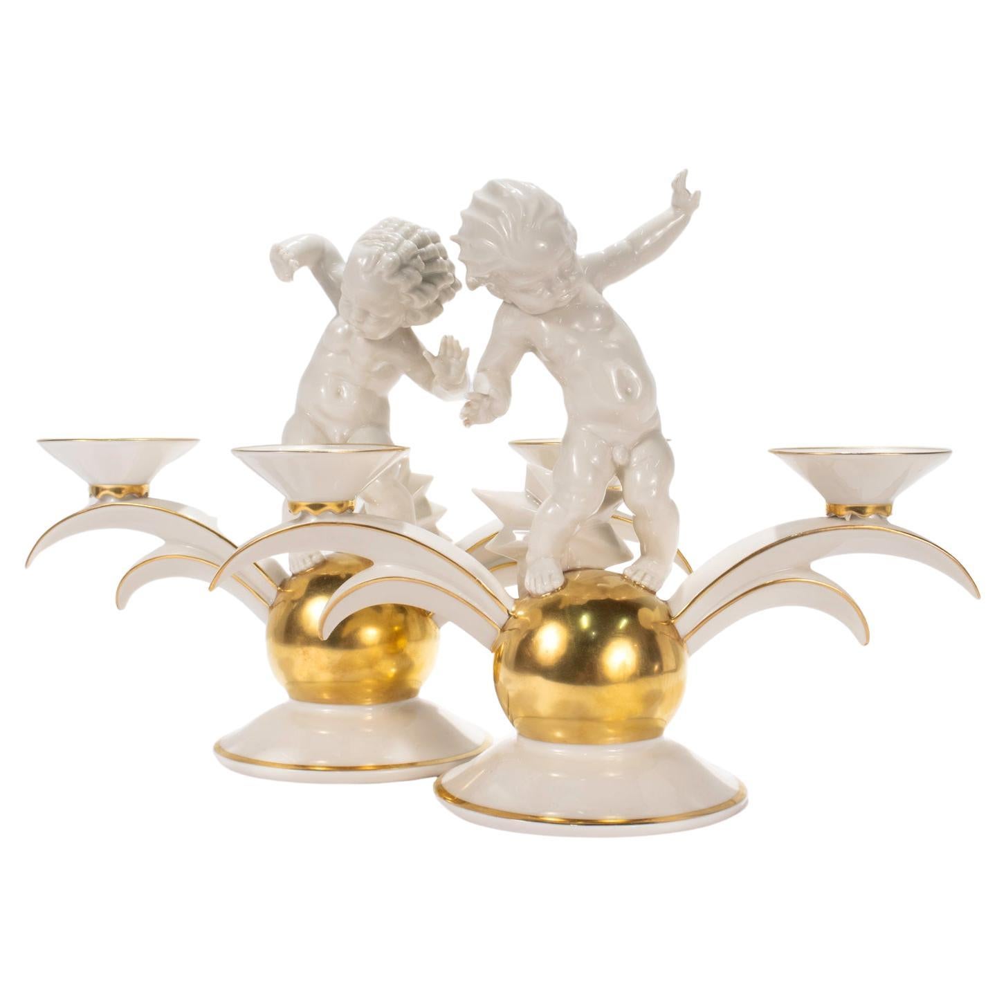 Pair of Hutschenreuther Art Deco Porcelain Candelabra by K. Tutter with Putti For Sale