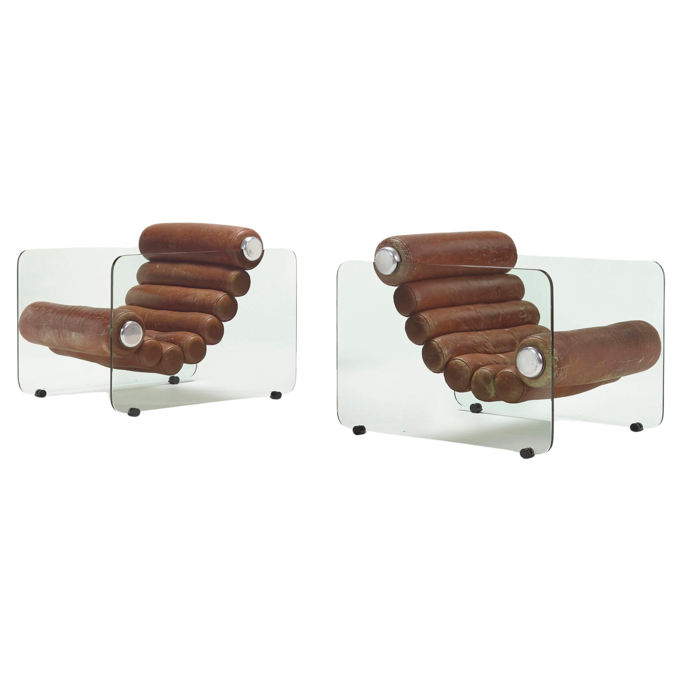 Pair of "Hyaline" Leather and Glass Fabio Lenci Chain Armchairs For Stendig For Sale