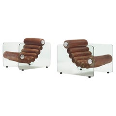 Retro Pair of "Hyaline" Leather and Glass Fabio Lenci Chain Armchairs For Stendig