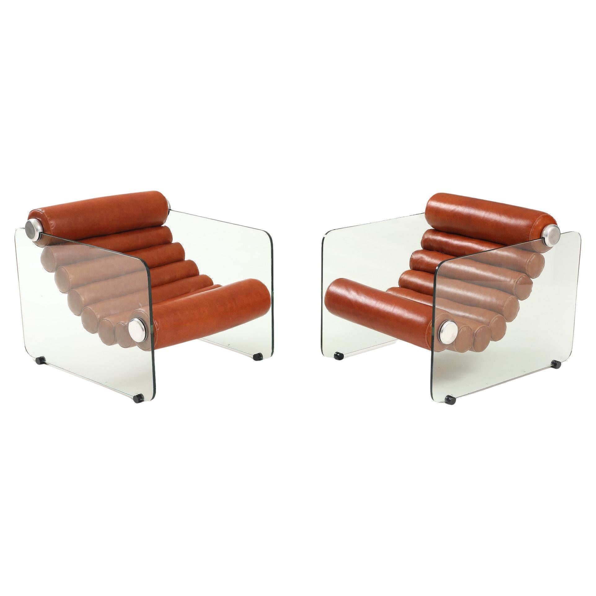 Coppia di poltrone a catena "Hyaline" in pelle e vetro di Fabio Lenci per Stendig in vendita