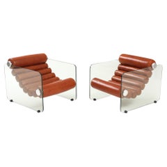 Pair of "Hyaline" Leather and Glass Fabio Lenci Chain Armchairs For Stendig