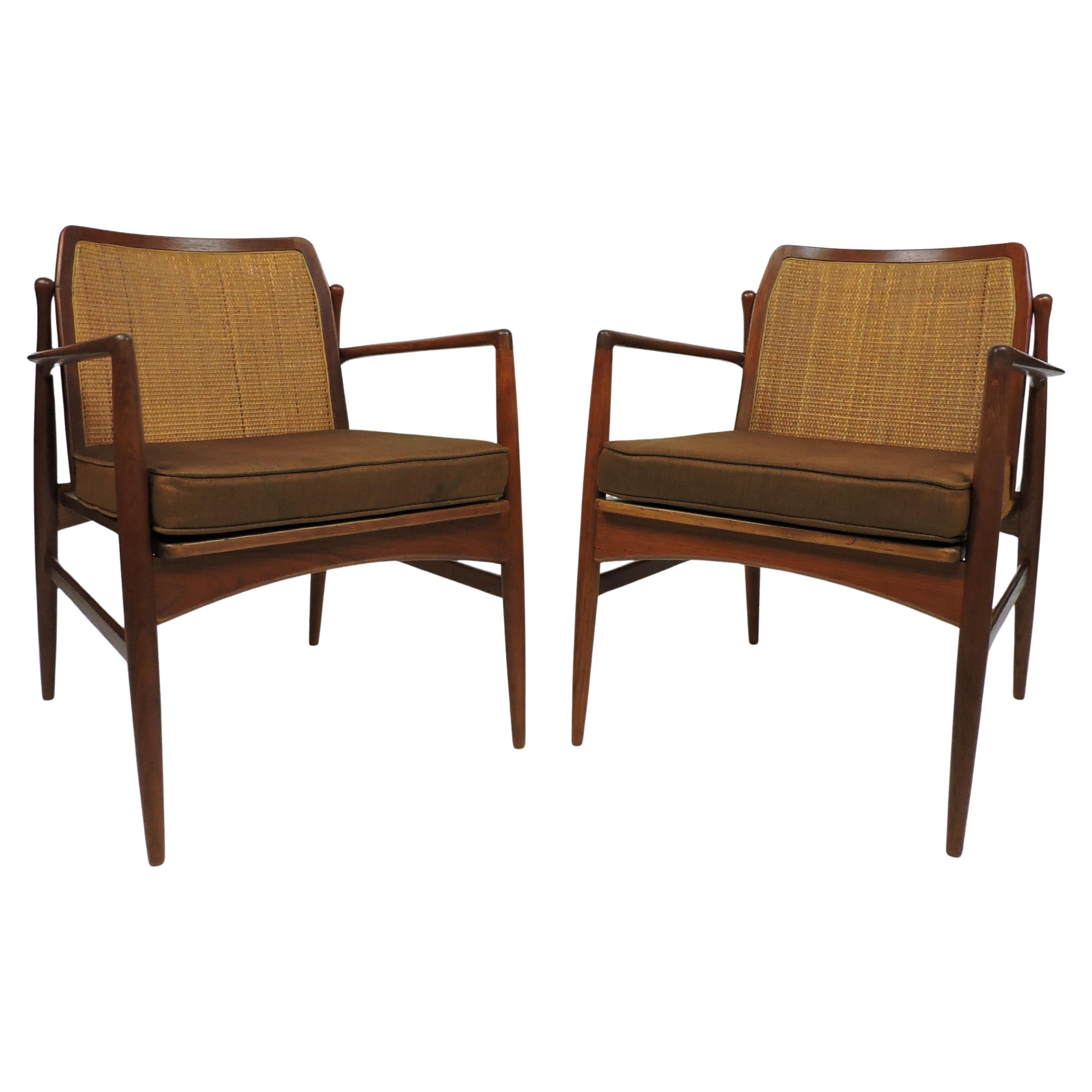 Pair of Ib Kofod Larsen Danish Modern Teak Cane & Lounge Chairs for Selig