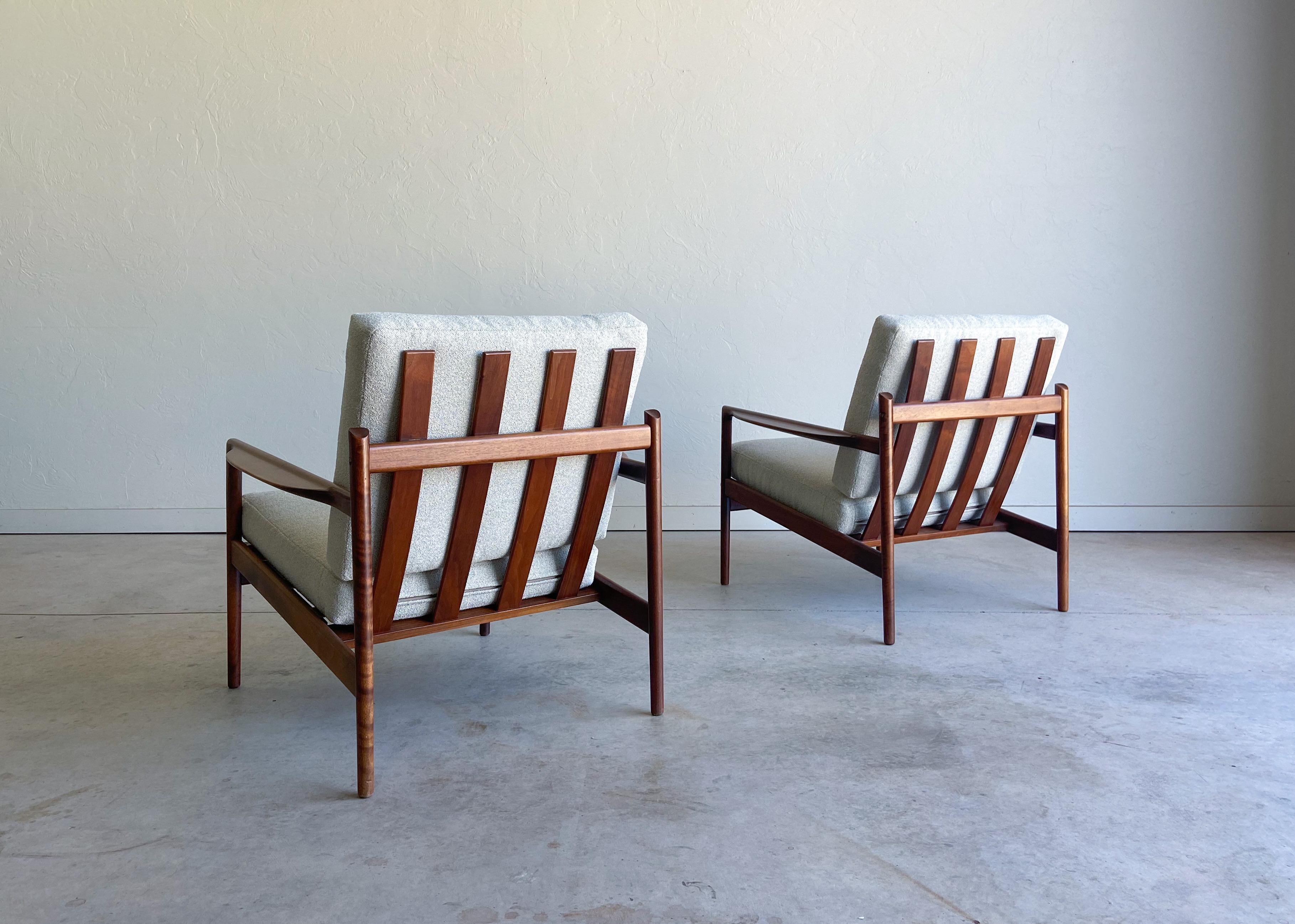 Mid-Century Modern Pair of Ib Kofod Larsen Danish Modern Walnut Lounge Chairs for Selig, 1960’s