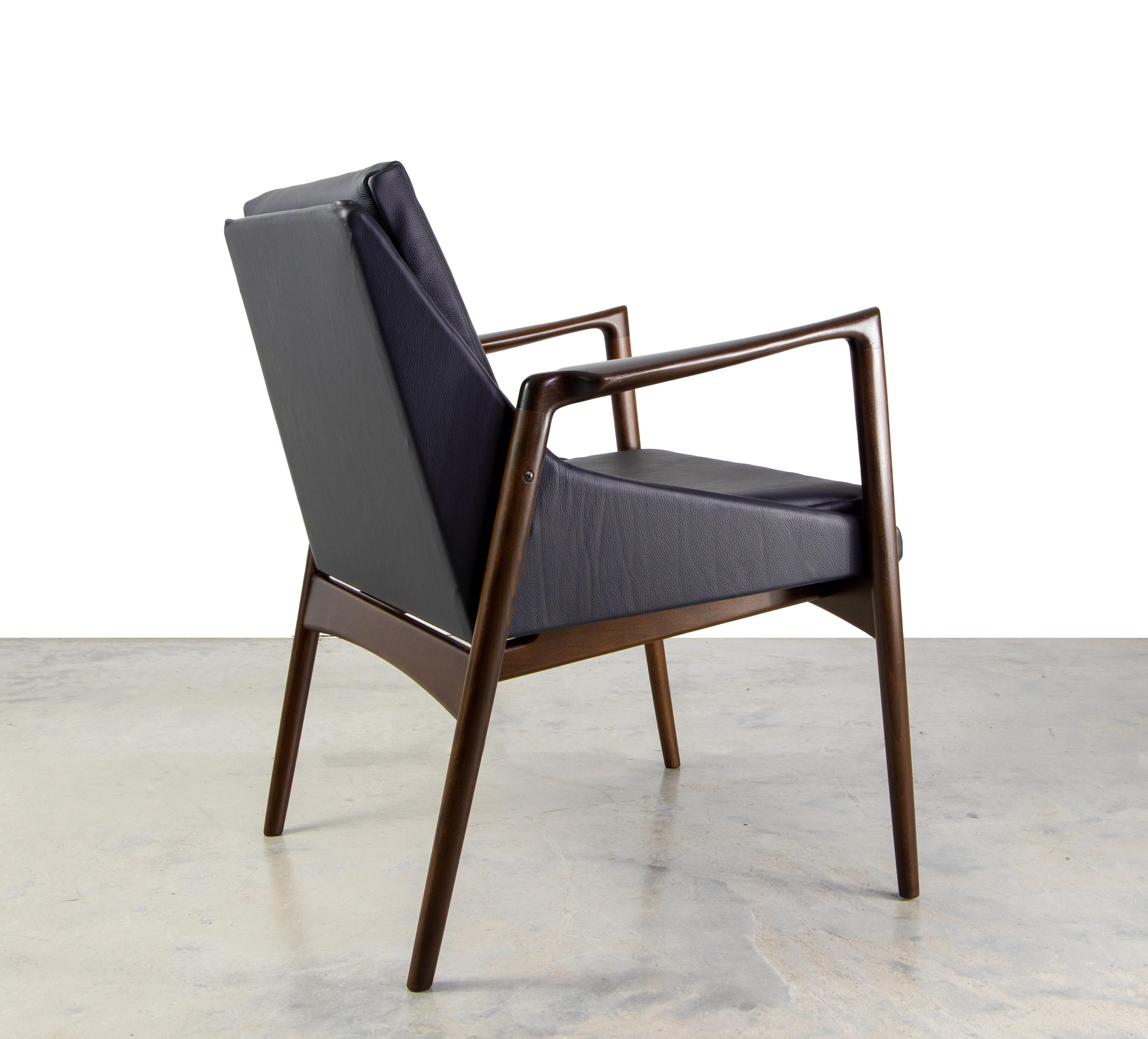 Danish Pair of Ib Kofod Larsen for Selig Lounge Chairs in Black Leather and Beech