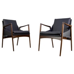 Pair of Ib Kofod Larsen for Selig Lounge Chairs in Black Leather and Beech