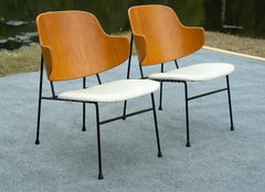 Pair of Ib Kofod-Larsen Penguin Lounge Chairs Wrought Iron, Leather & Bentwood