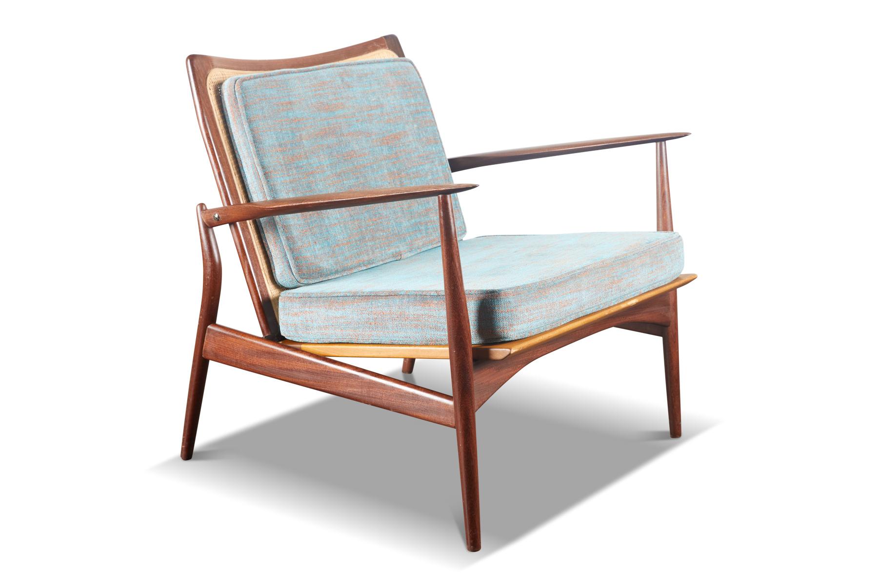 Pair of Ib Kofod Larsen Spear Lounge Chairs in Walnut and Cane For Sale 7