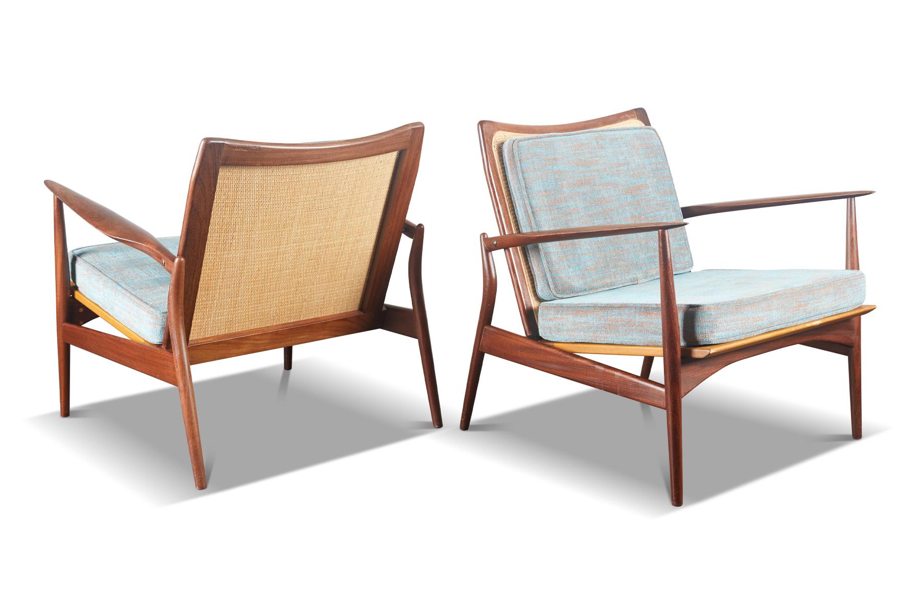 Pair of Ib Kofod Larsen Spear Lounge Chairs in Walnut and Cane For Sale 8