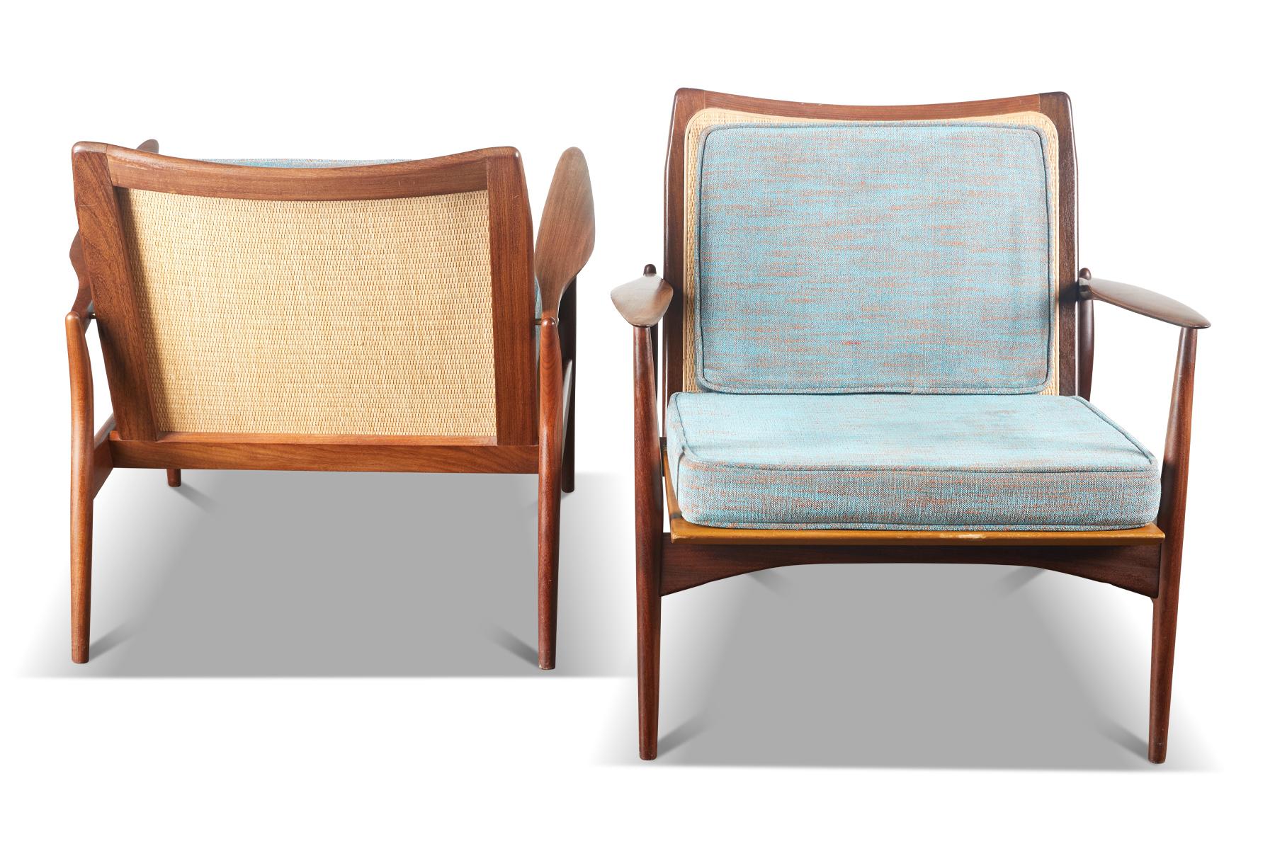 Pair of Ib Kofod Larsen Spear Lounge Chairs in Walnut and Cane For Sale 1