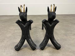 Pair of Ibex animal wrought iron Andirons, France, 1950's, mid century