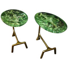 Pair of Ice Cracked Resin "Gucci" Style Design Brass Side Tables