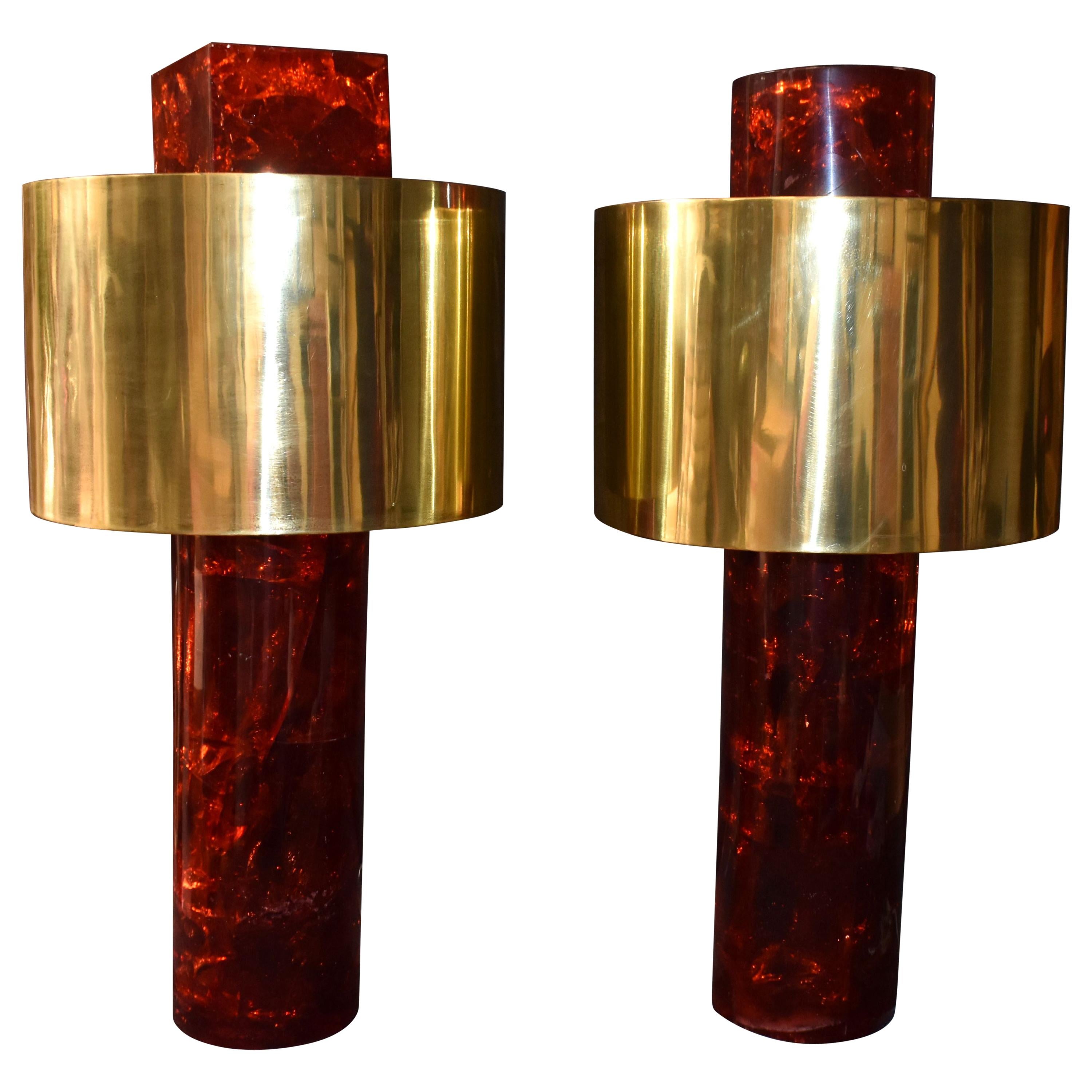 Pair of Ice Cracked Resin with Brass Shades Table Lamps