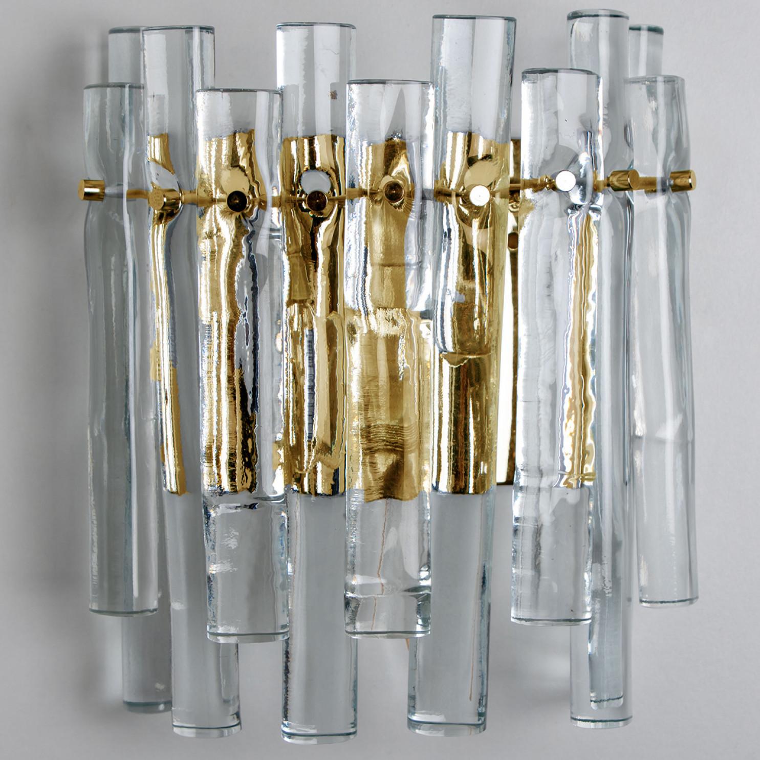 German Pair of Ice Glass and Brass Wall Sconces by Kinkeldey, 1970s For Sale