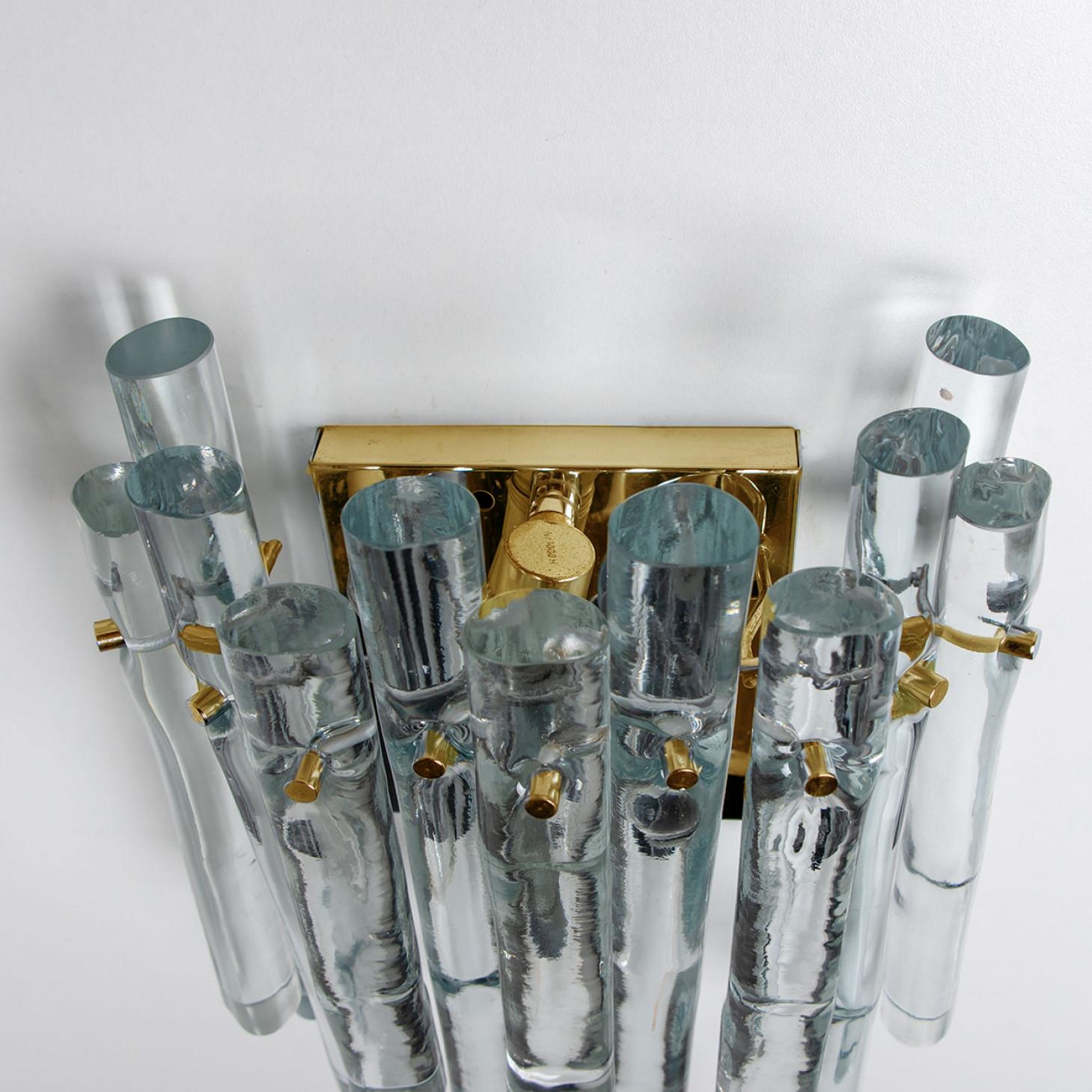 Gilt Pair of Ice Glass and Brass Wall Sconces by Kinkeldey, 1970s For Sale