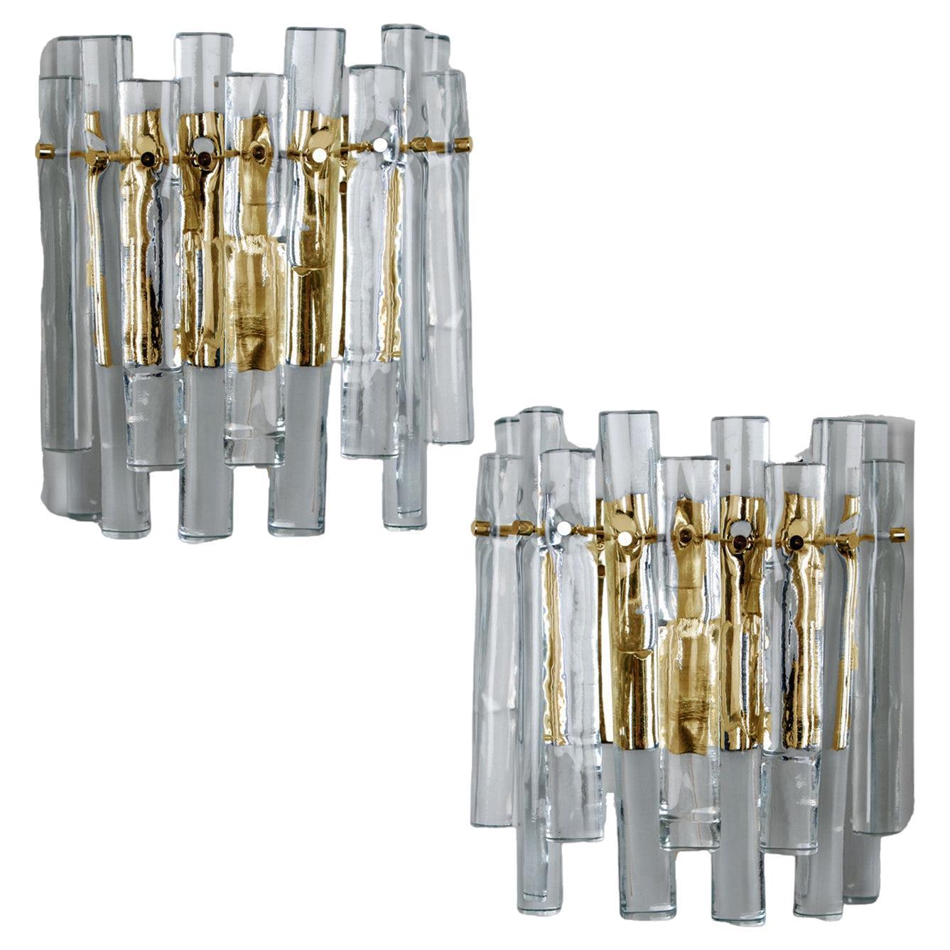 Pair of Ice Glass and Brass Wall Sconces by Kinkeldey, 1970s For Sale