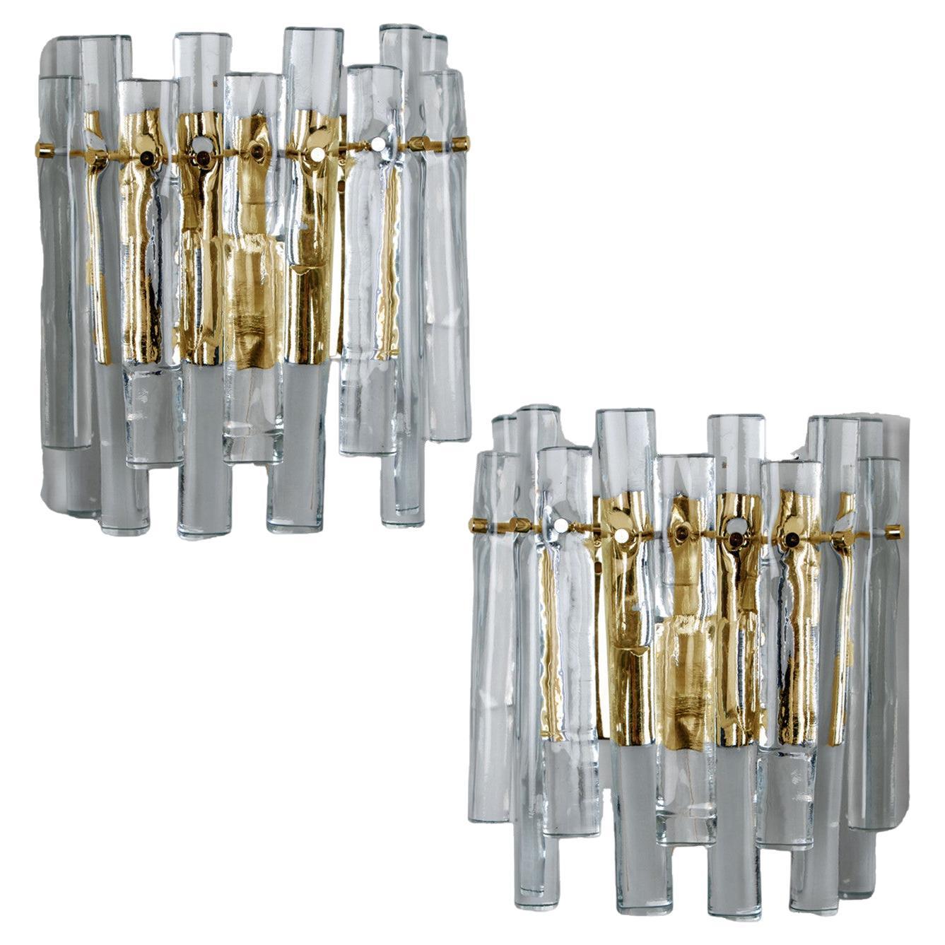 Pair of Ice Glass and Brass Wall Sconces by Kinkeldey, 1970s