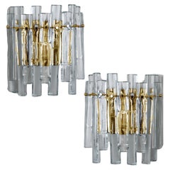 Pair of Ice Glass and Brass Wall Sconces by Kinkeldey, 1970s