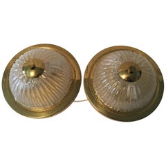 Pair of Ice Glass Brass Surround Flush Mounts or Sconces from 1970s