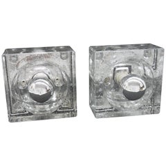 Pair of Ice Glass Cube Sconces or Flush Mounts, Wila Leuchten, Germany, 1970s