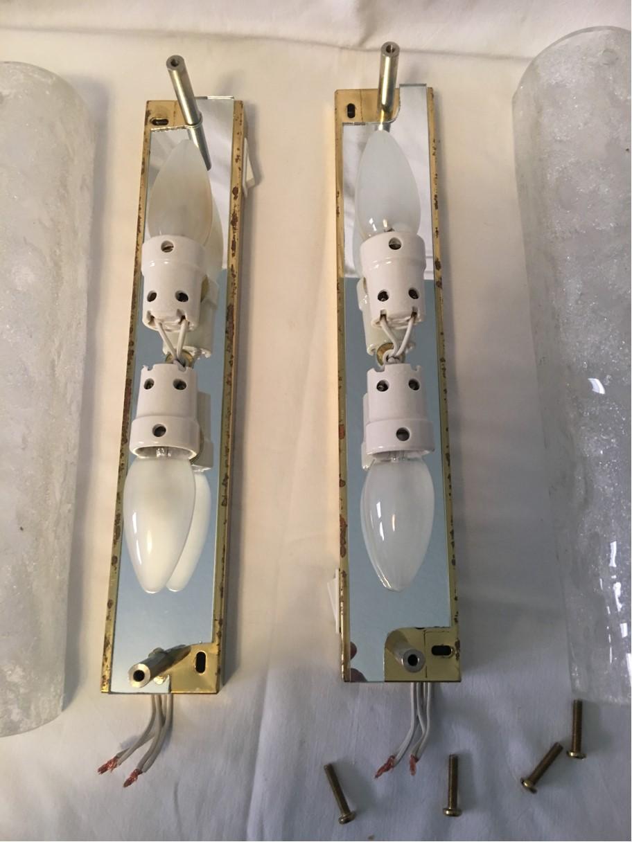 Pair of Ice Glass Mirror Vanity Sconces on Gilt Base, 1970s For Sale 4
