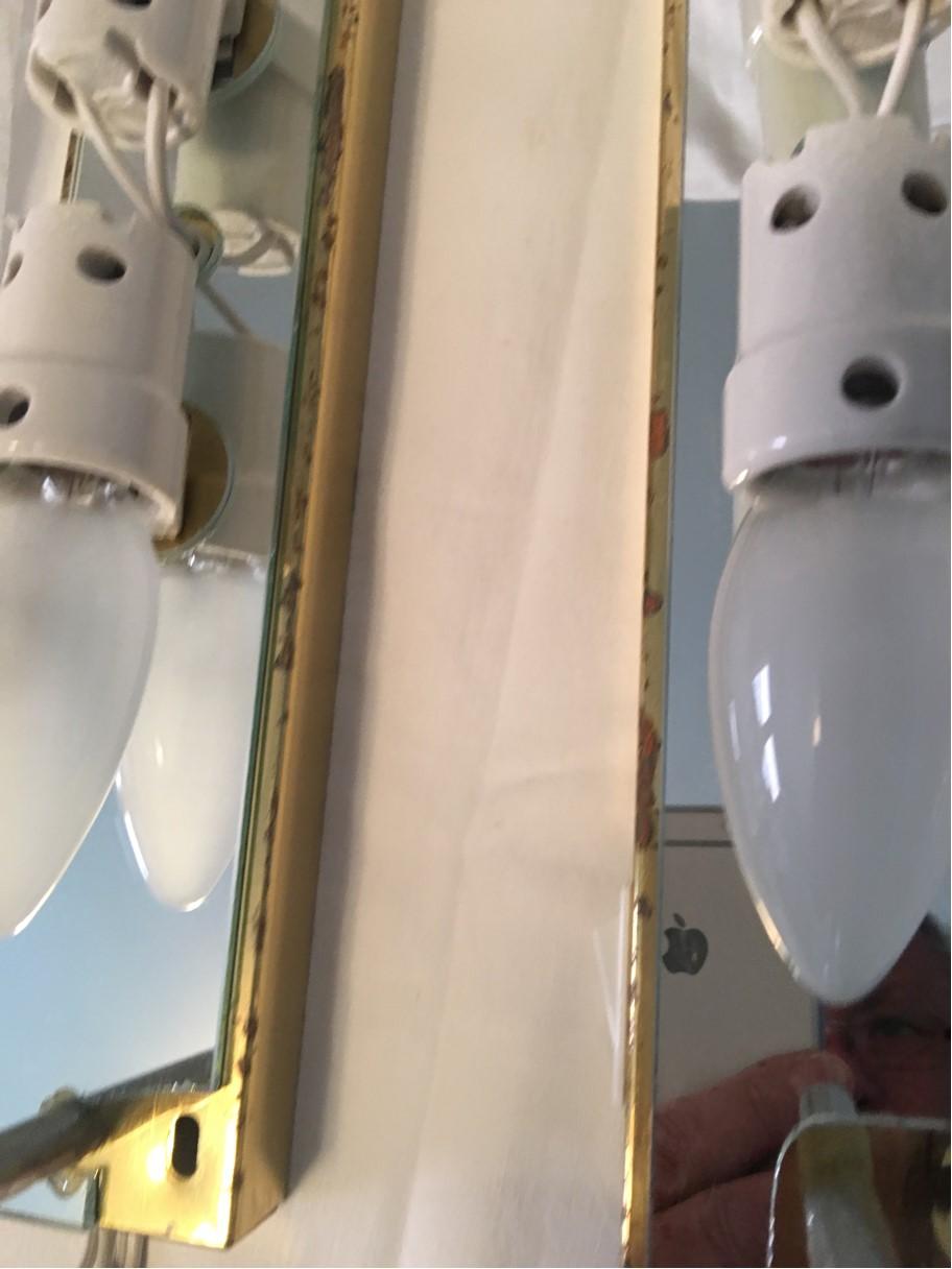 Pair of Ice Glass Mirror Vanity Sconces on Gilt Base, 1970s For Sale 5
