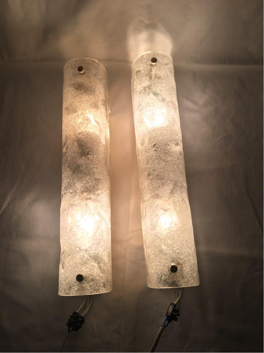 Pair of Ice Glass Mirror Vanity Sconces on Gilt Base, 1970s For Sale 3